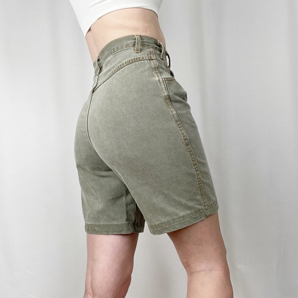 Vintage Ultra High Rise Sage Green Rigid Wedgie Denim Pleated Long Jean Shorts - Picture 2 of 8